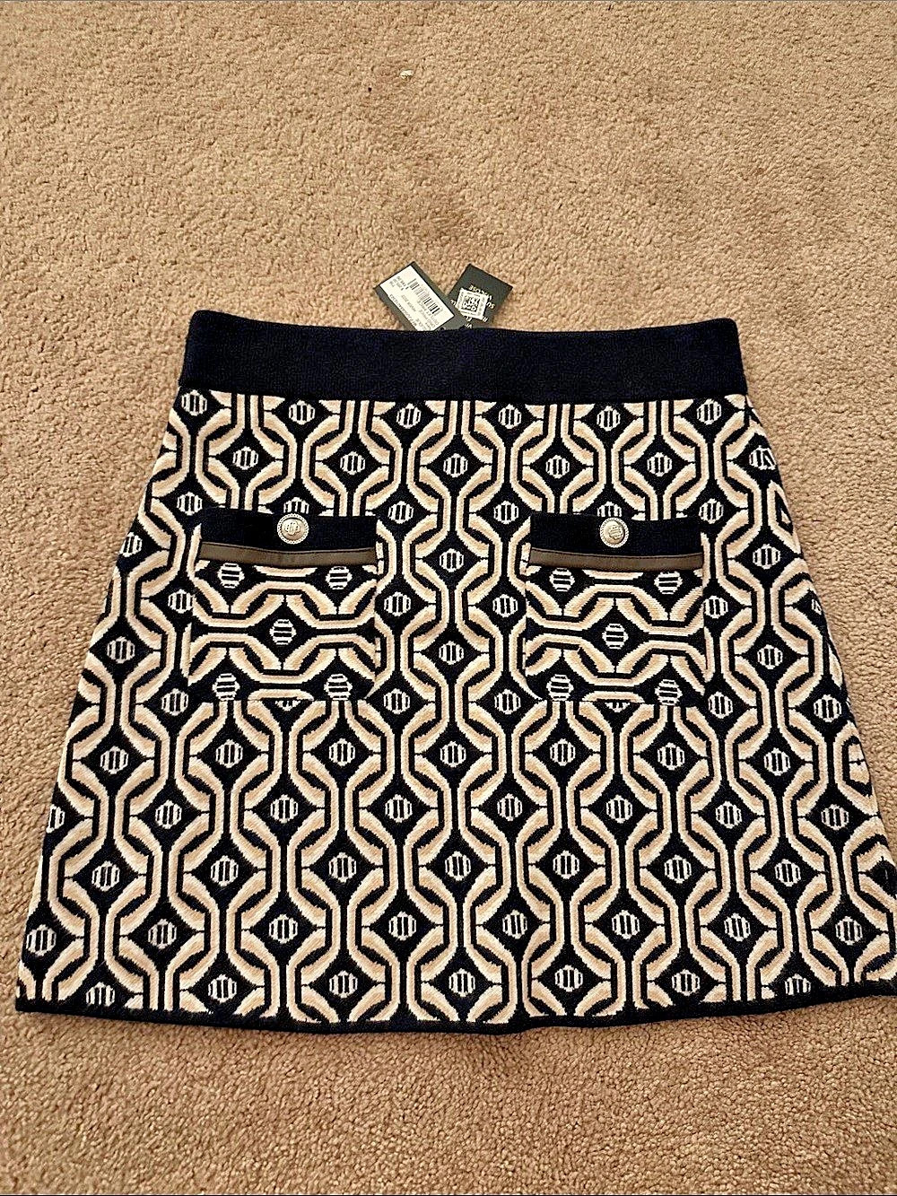 New Maje Jolie Jacquard Knit Mini Skirt Geometric Mini Skirt Black & White Size